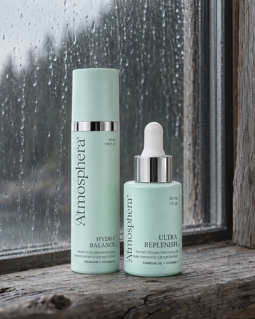 ULTRA REPLENISH™ facial oil and HYDRA BALANCE™ moisturizer on a weathered wooden window ledge, with rain on the glass and a misty inlet beyond.