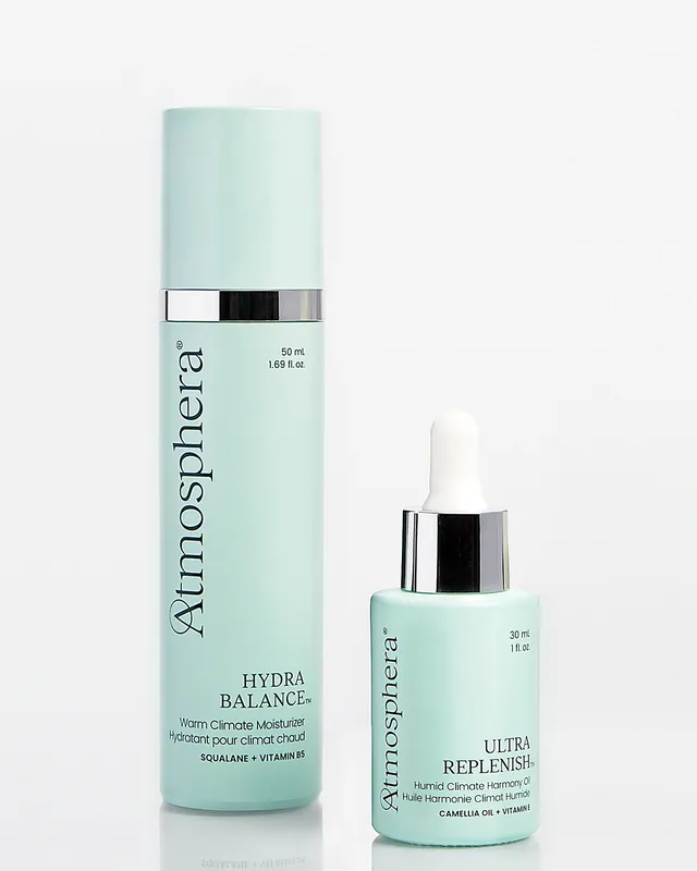 ULTRA REPLENISH™ facial oil and HYDRA BALANCE™ moisturizer, the two full sizes in the Starter Ritual, side by side on a pale grey studio backdrop.