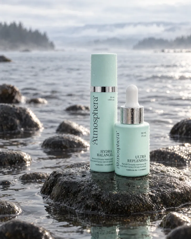 ULTRA REPLENISH™ facial oil and HYDRA BALANCE™ moisturizer standing together on wet coastal rocks under soft, overcast light.